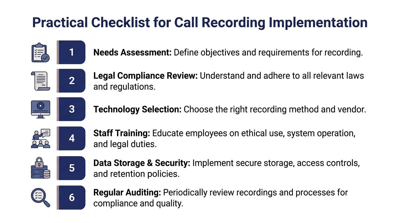 A six-step checklist titled Practical Checklist for Call Recording Implementation with icons for each step.