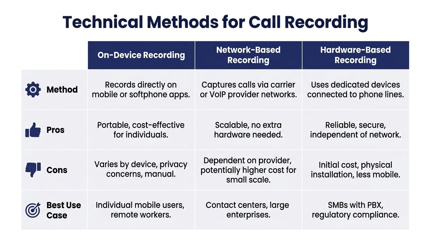A comparison chart outlining the methods, pros, cons, and best use cases for phone call recording technologies.