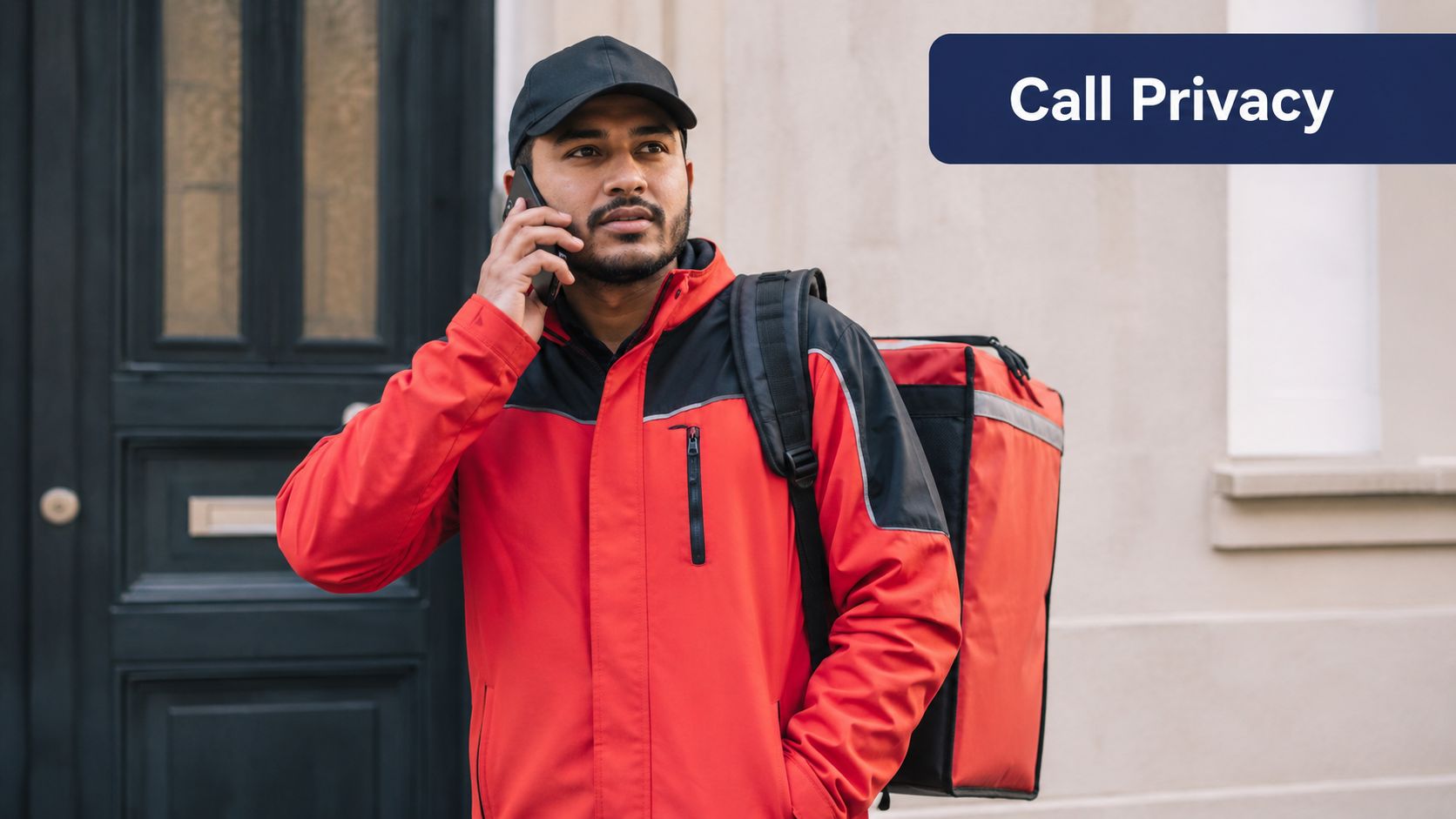 A food delivery courier in a red uniform talking on his mobile phone outside a house.