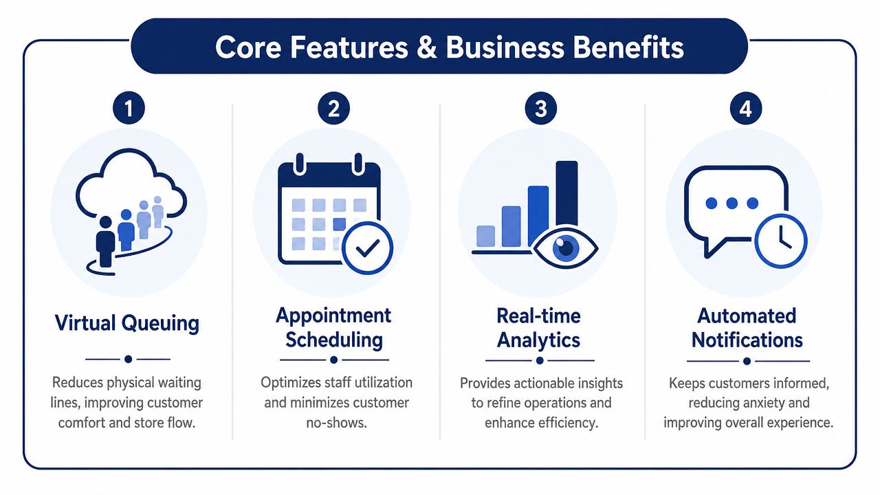 An infographic detailing four core features and business benefits of queue management software in a business setting.