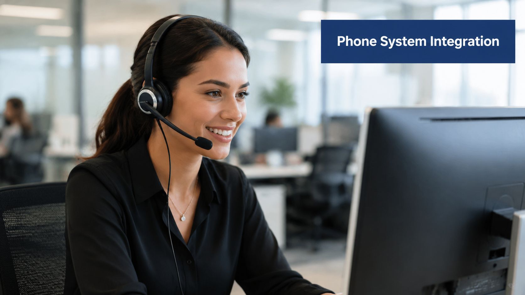 A smiling customer service agent wearing a headset while using a computer in a modern office.