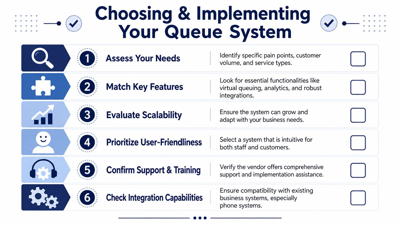 A six-step infographic guide for choosing and implementing an effective business queue management system.