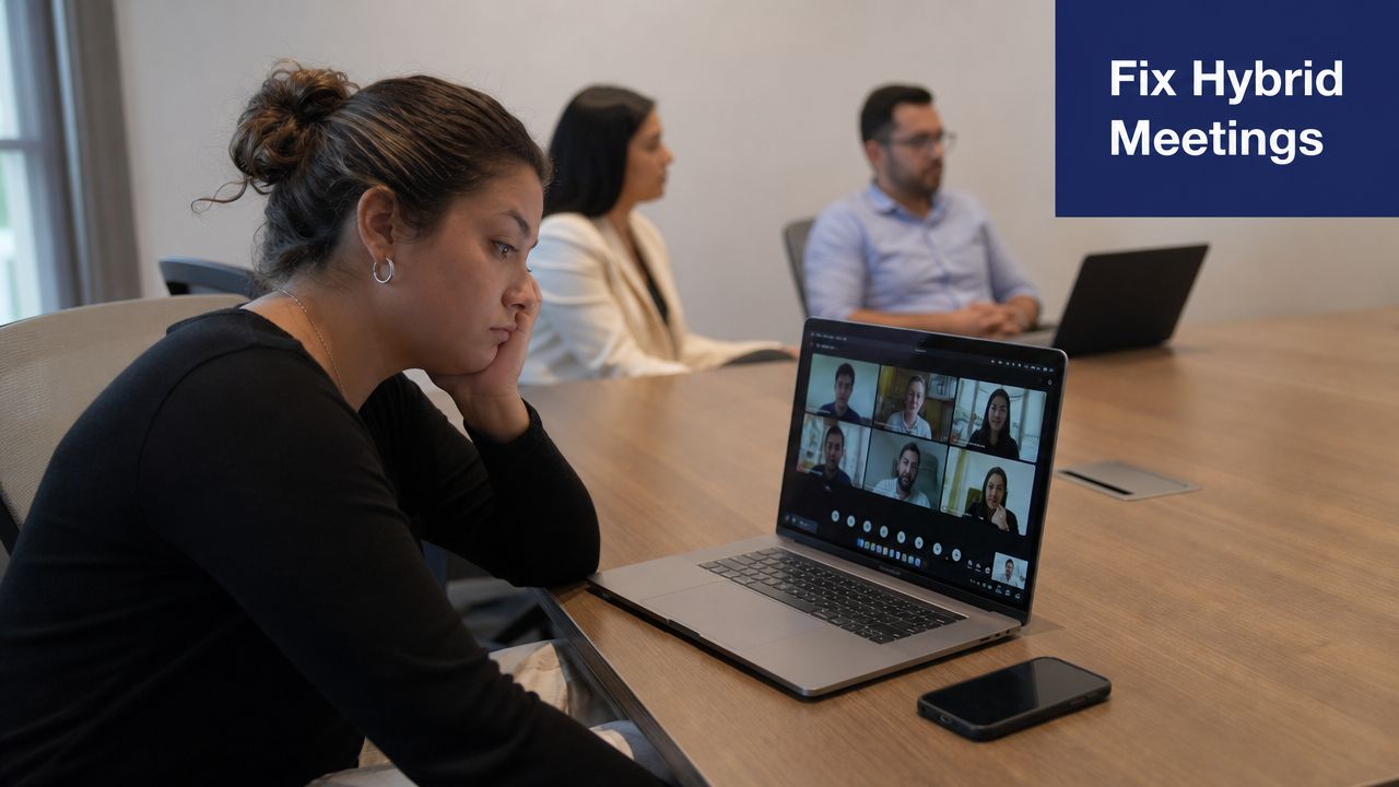 A group of professionals in a boardroom participating in a hybrid meeting with remote colleagues on screen.