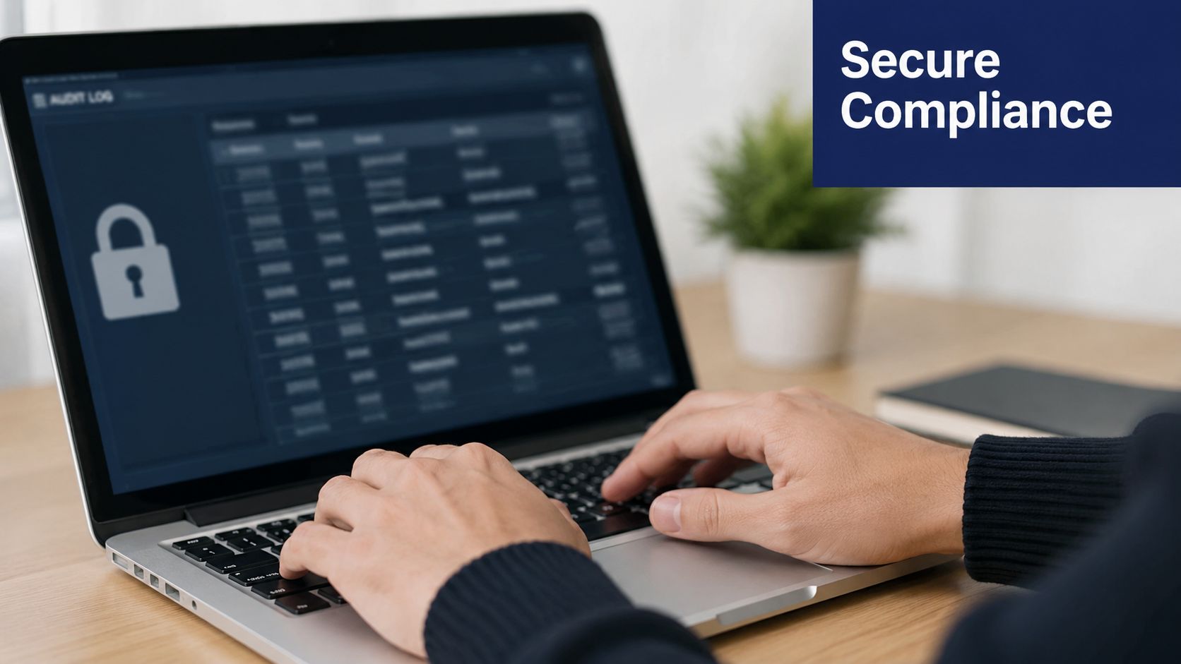 A professional working on a laptop displaying audit log records with a secure compliance theme.