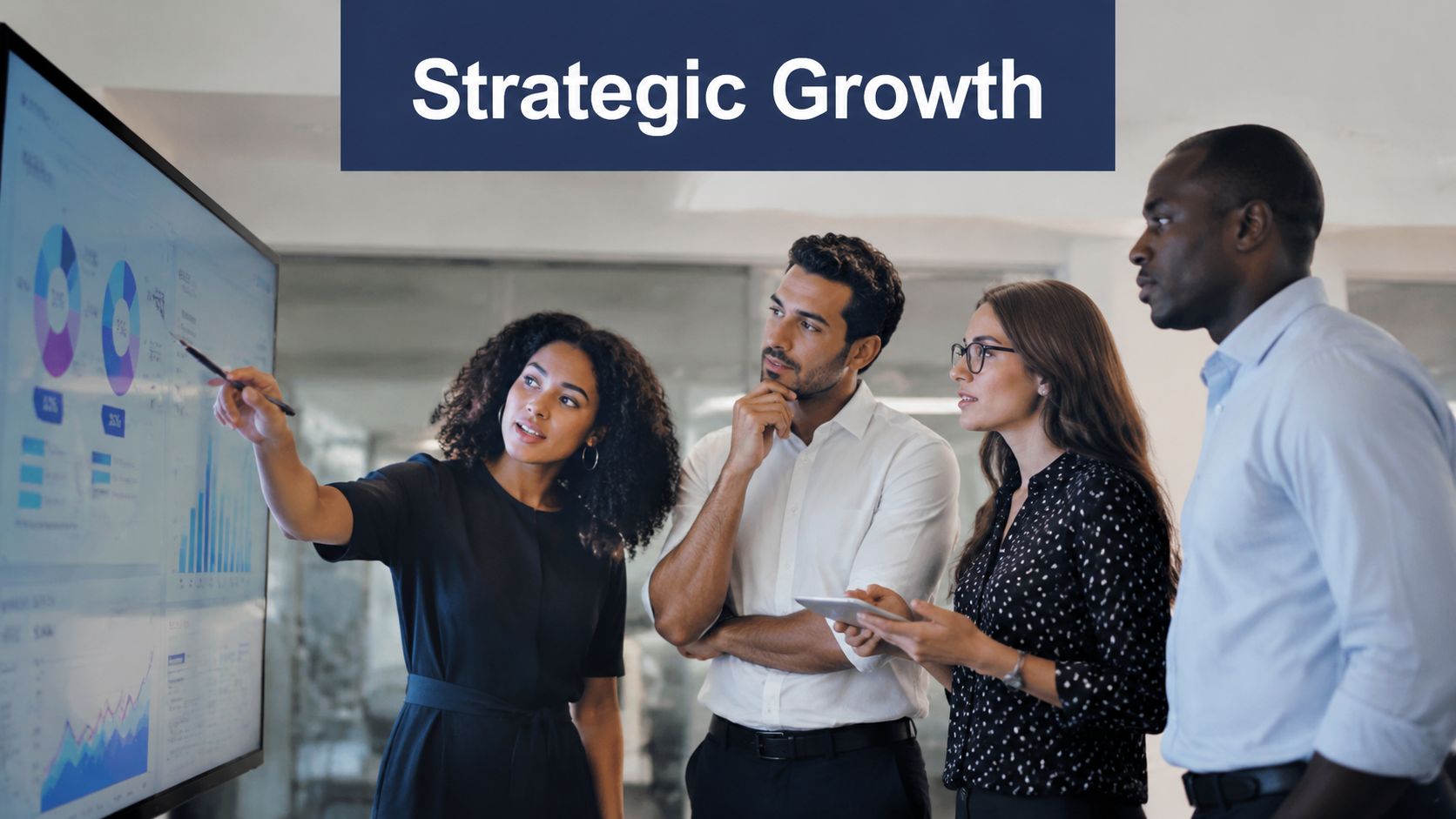 A diverse team of business professionals collaborating and discussing data on a large digital screen.