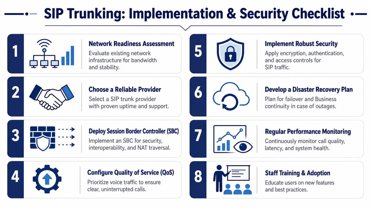 An infographic titled SIP Trunking Implementation and Security Checklist outlining eight essential steps for business communication.