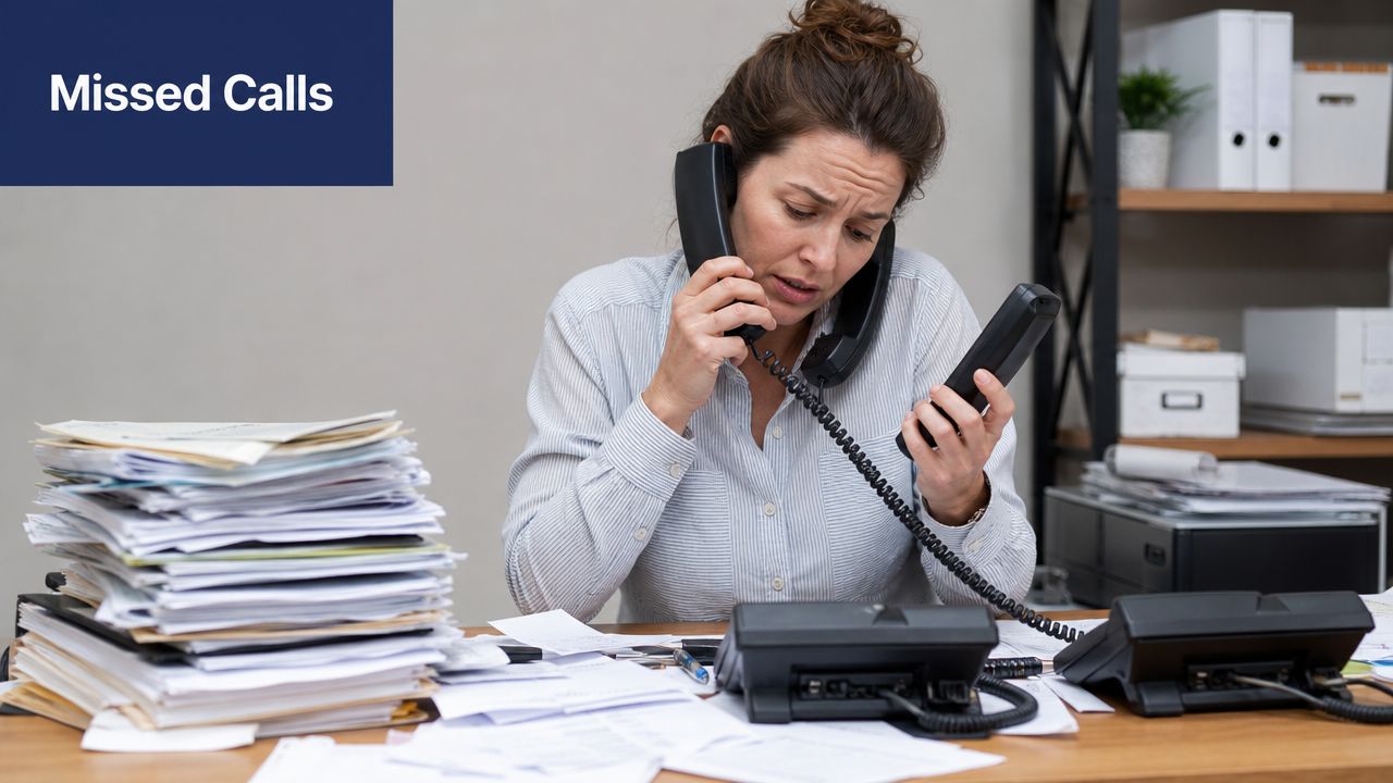 A stressed office worker struggling to manage multiple phone calls at a desk piled with paperwork.