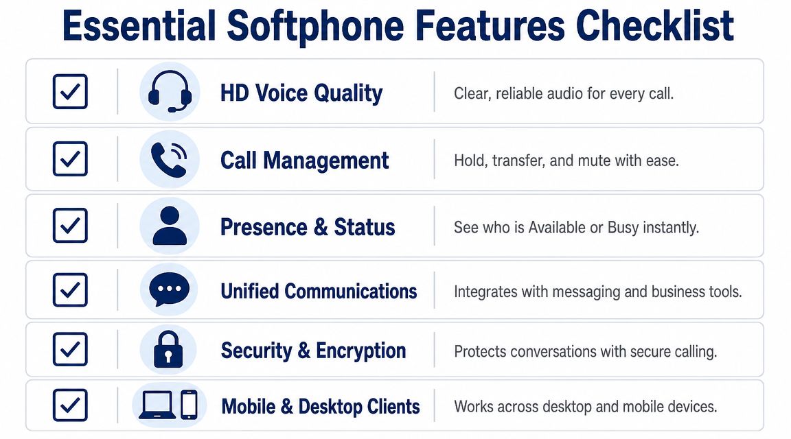 A checklist infographic listing essential softphone features including HD voice quality, call management, and security features.