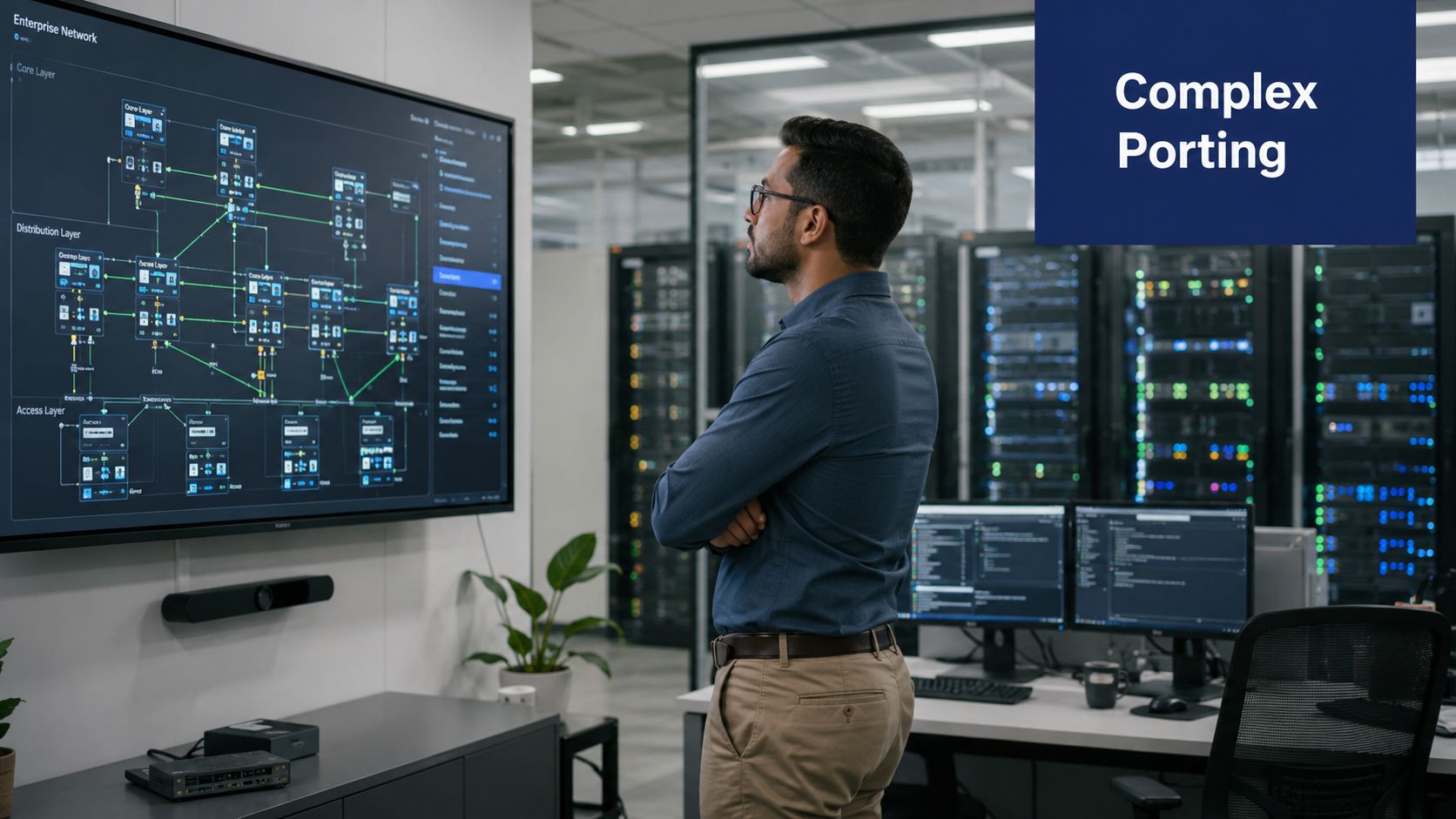 An IT professional standing in a modern data center observing a complex network diagram on a display.