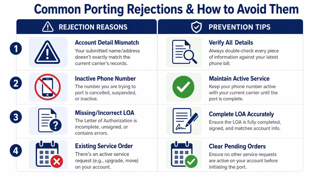 A chart illustrating four common reasons for phone number porting rejections and how to avoid them.