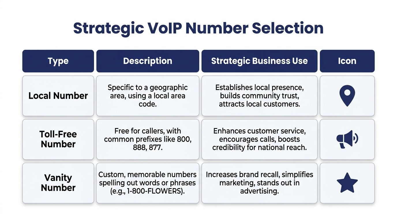 A table explaining the types, descriptions, and strategic business benefits of using local, toll-free, and vanity VoIP numbers.
