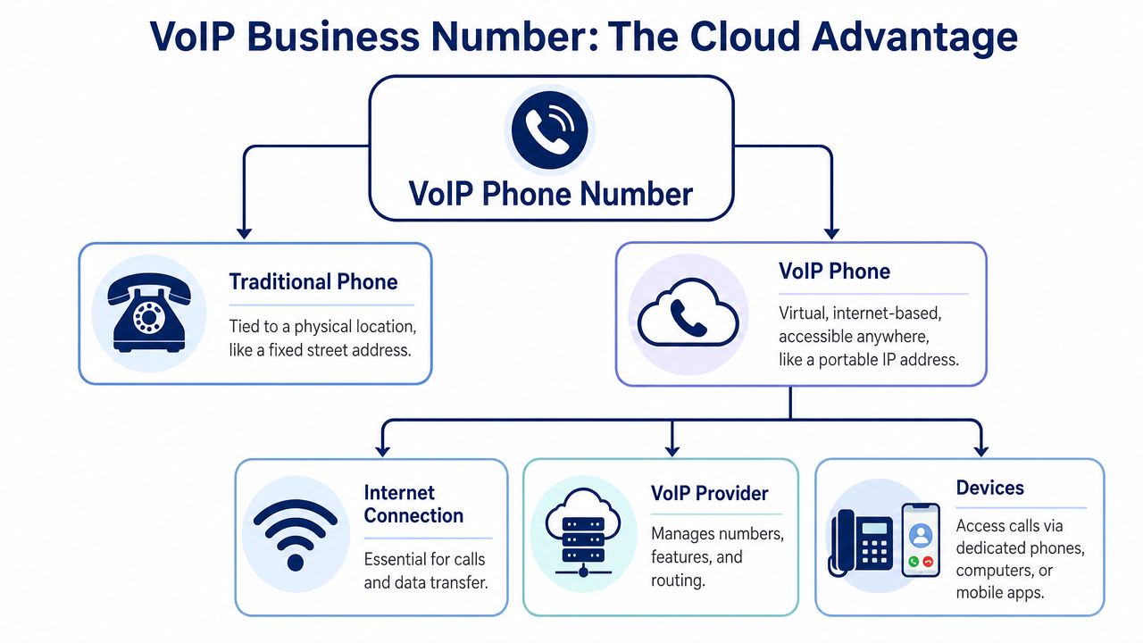 A flowchart explaining how VoIP phone numbers operate compared to traditional business phone systems via the cloud.