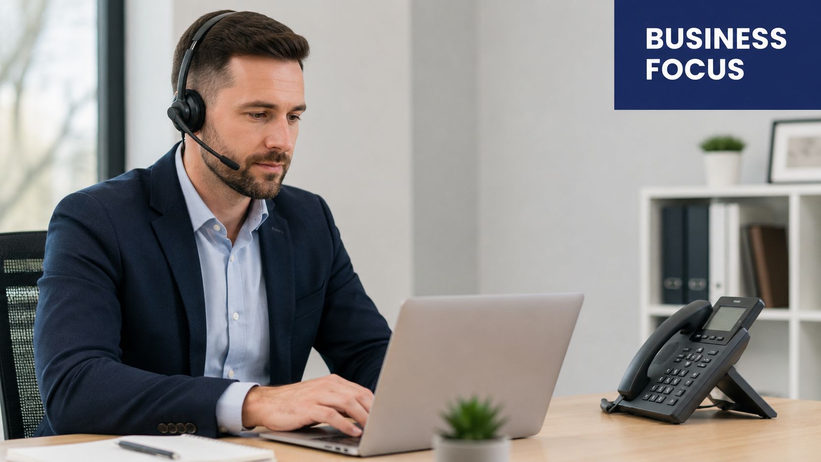 A professional man with a headset working on a laptop at his organized office desk.
