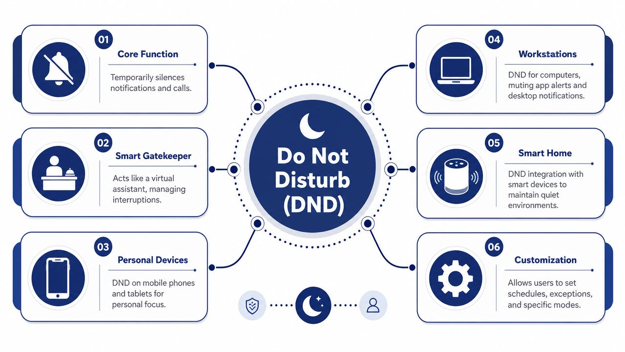 An infographic explaining the Do Not Disturb feature across various digital platforms and smart home devices.