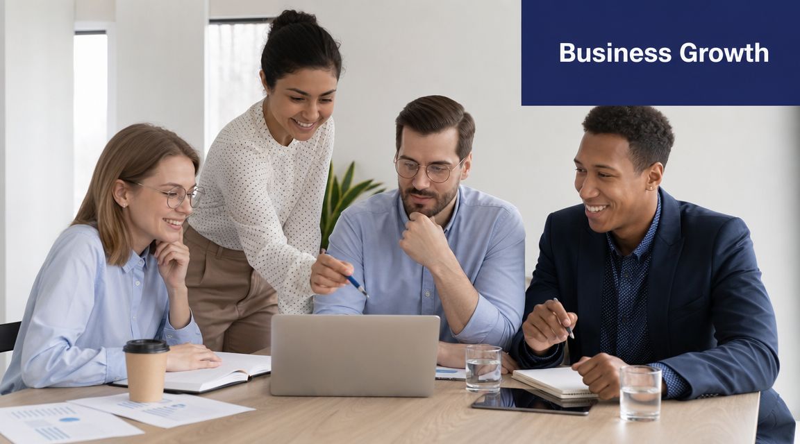 A diverse team of business professionals collaborating around a laptop in a modern office meeting room.