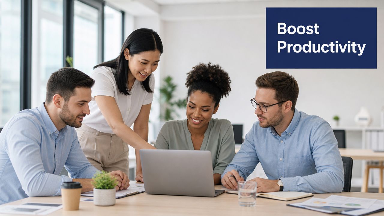 A diverse team of professionals collaborating on a project using a laptop in a bright office environment.