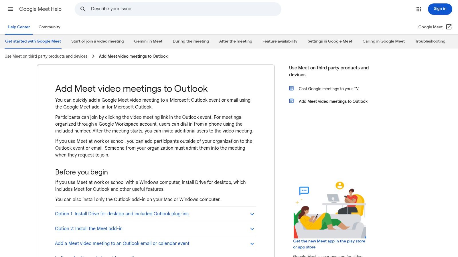 Google Meet add-in for Outlook