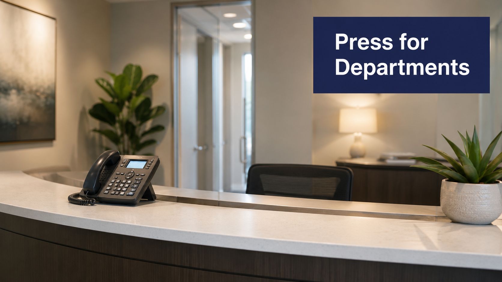A professional office reception desk featuring a landline telephone and a small potted plant.