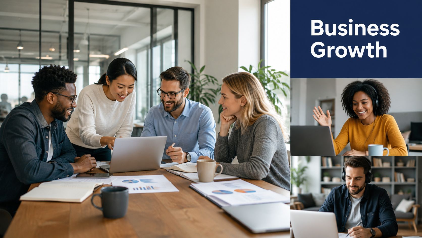 A diverse group of professionals working together in an office setting and via video conference.