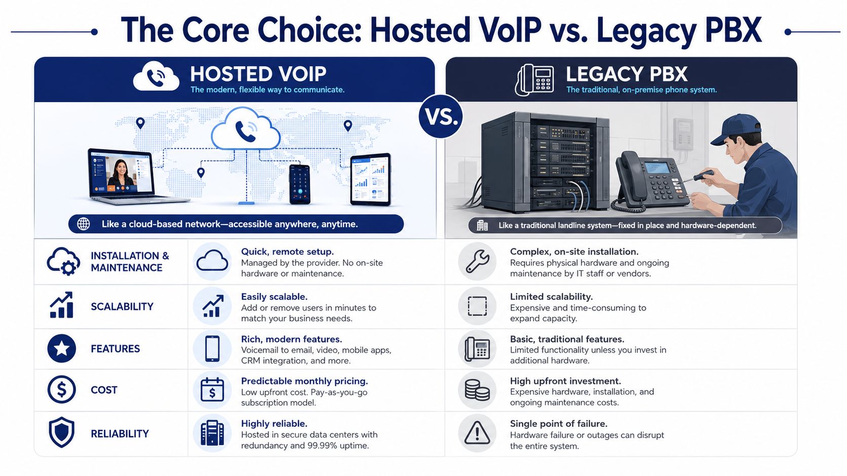 A comparison chart showing the differences between modern cloud-based Hosted VoIP and traditional on-premise Legacy PBX systems.