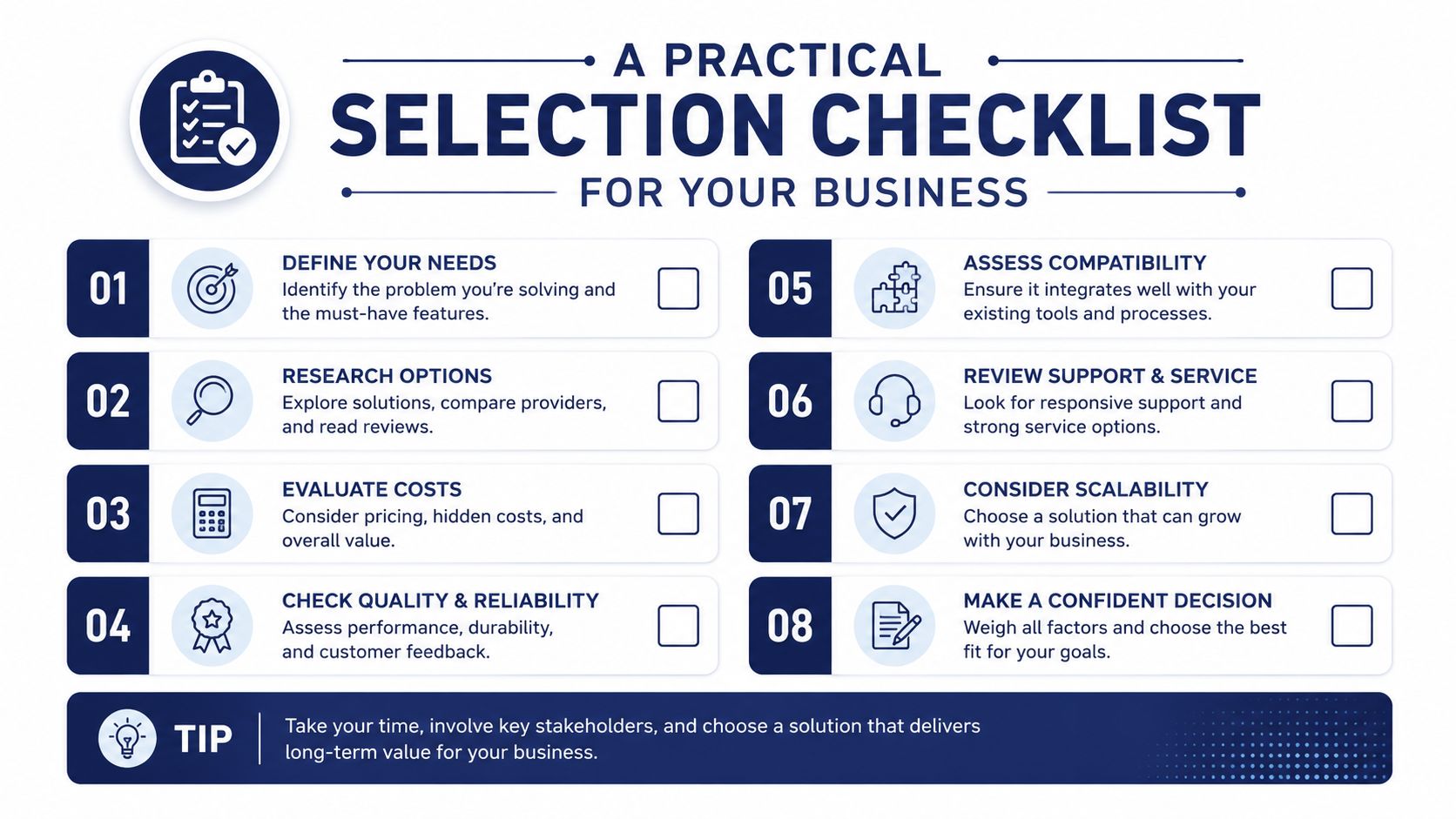 A professional infographic titled A Practical Selection Checklist for Your Business, detailing eight essential steps for decision-making.