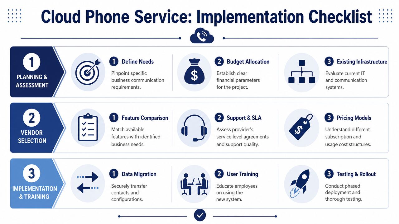 A structured checklist for implementing cloud phone services, detailing planning, vendor selection, and training stages for businesses.