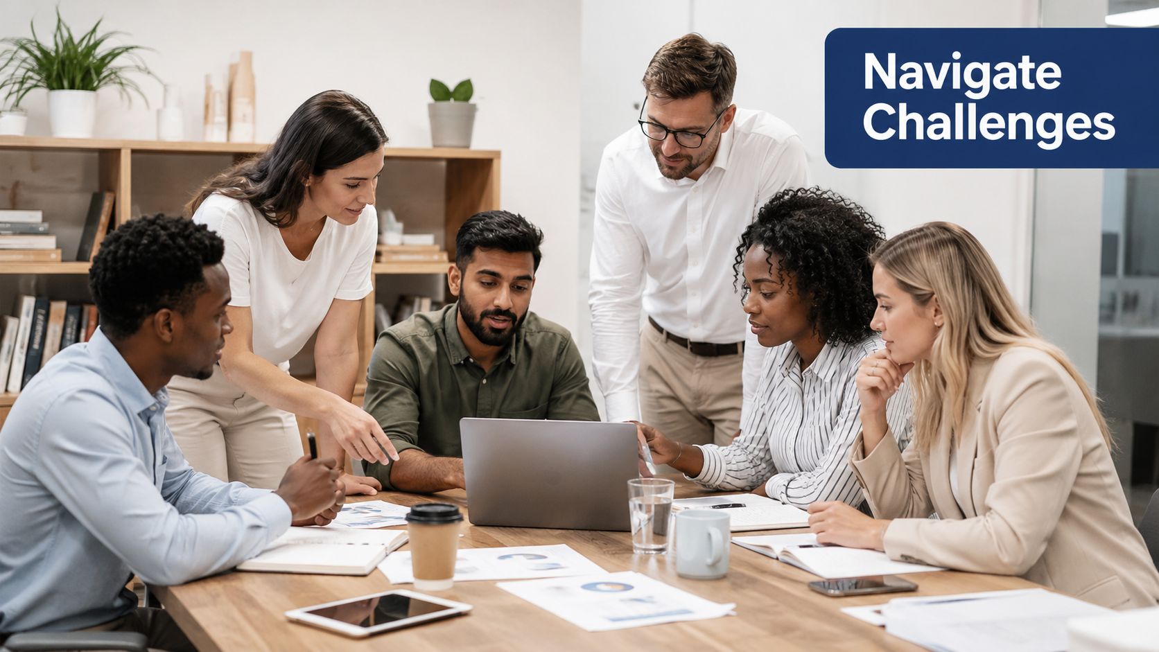 A diverse group of professionals collaborates around a laptop during a business meeting in an office.