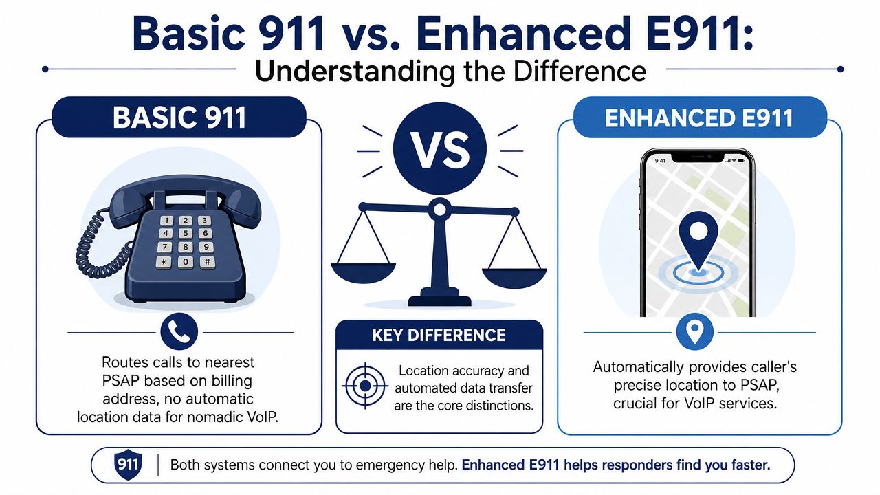 An infographic comparing Basic 911 and Enhanced E911 services, highlighting location accuracy and automated data transfer differences.