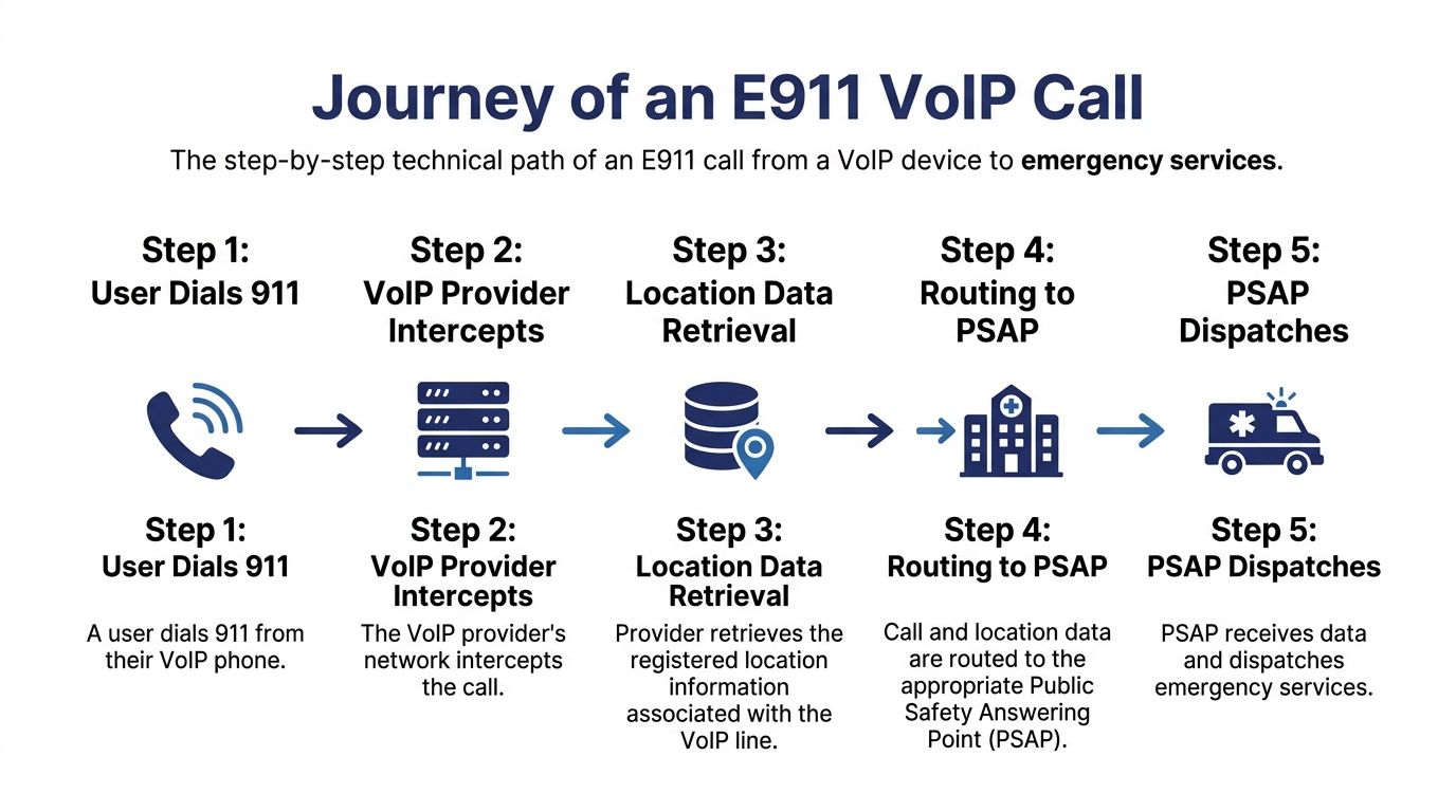 A diagram illustrating the five-step technical journey of an E911 VoIP emergency call to dispatch services.