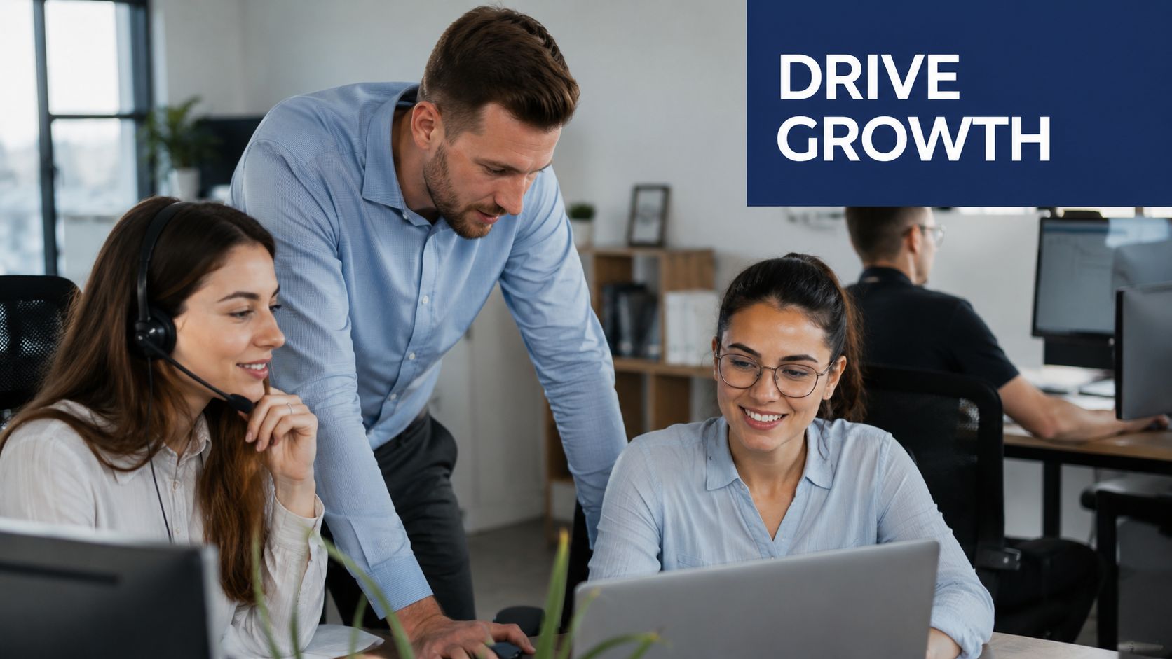 A professional team collaborating in a modern office to discuss business growth and communication solutions.