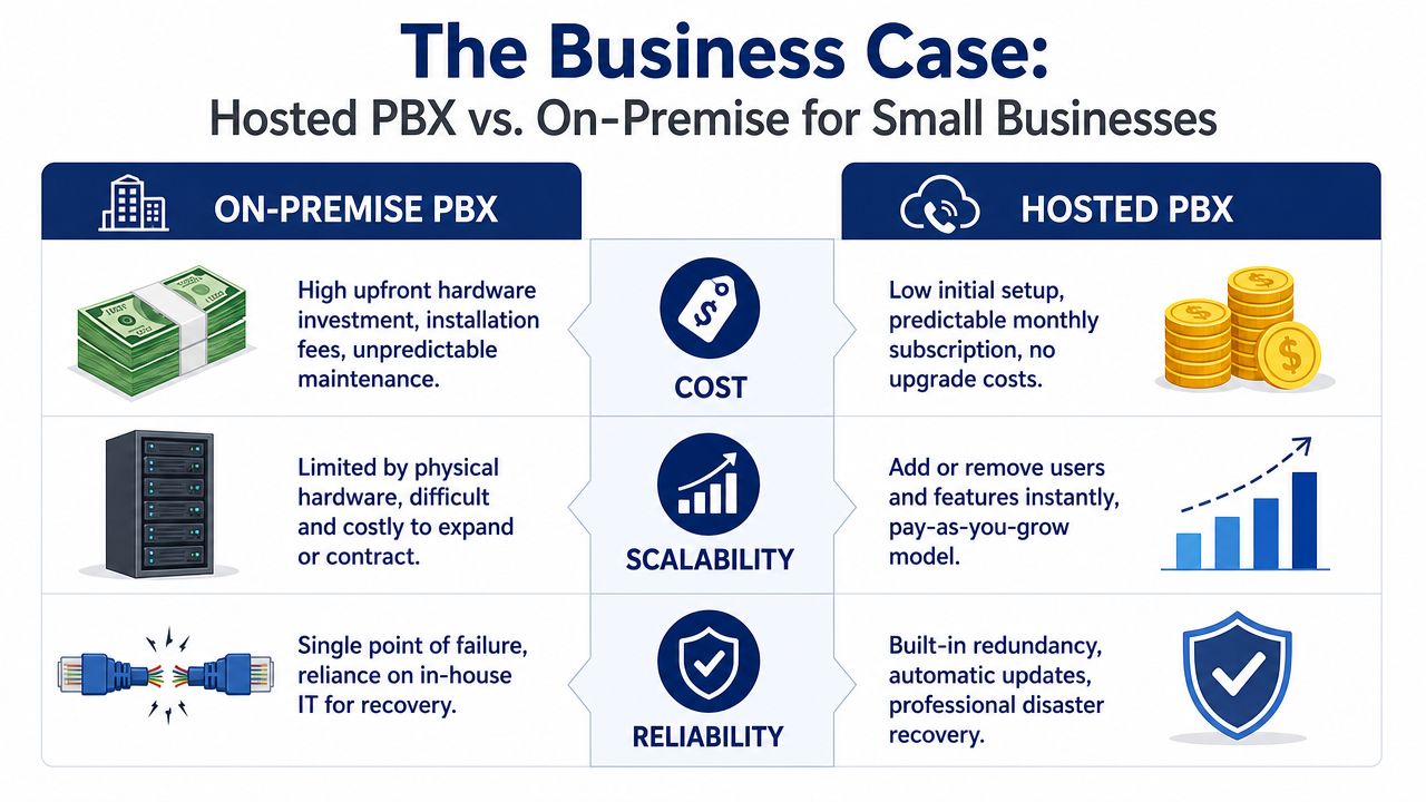 A comparison chart showing the business advantages of hosted PBX versus on-premise PBX systems for small businesses.