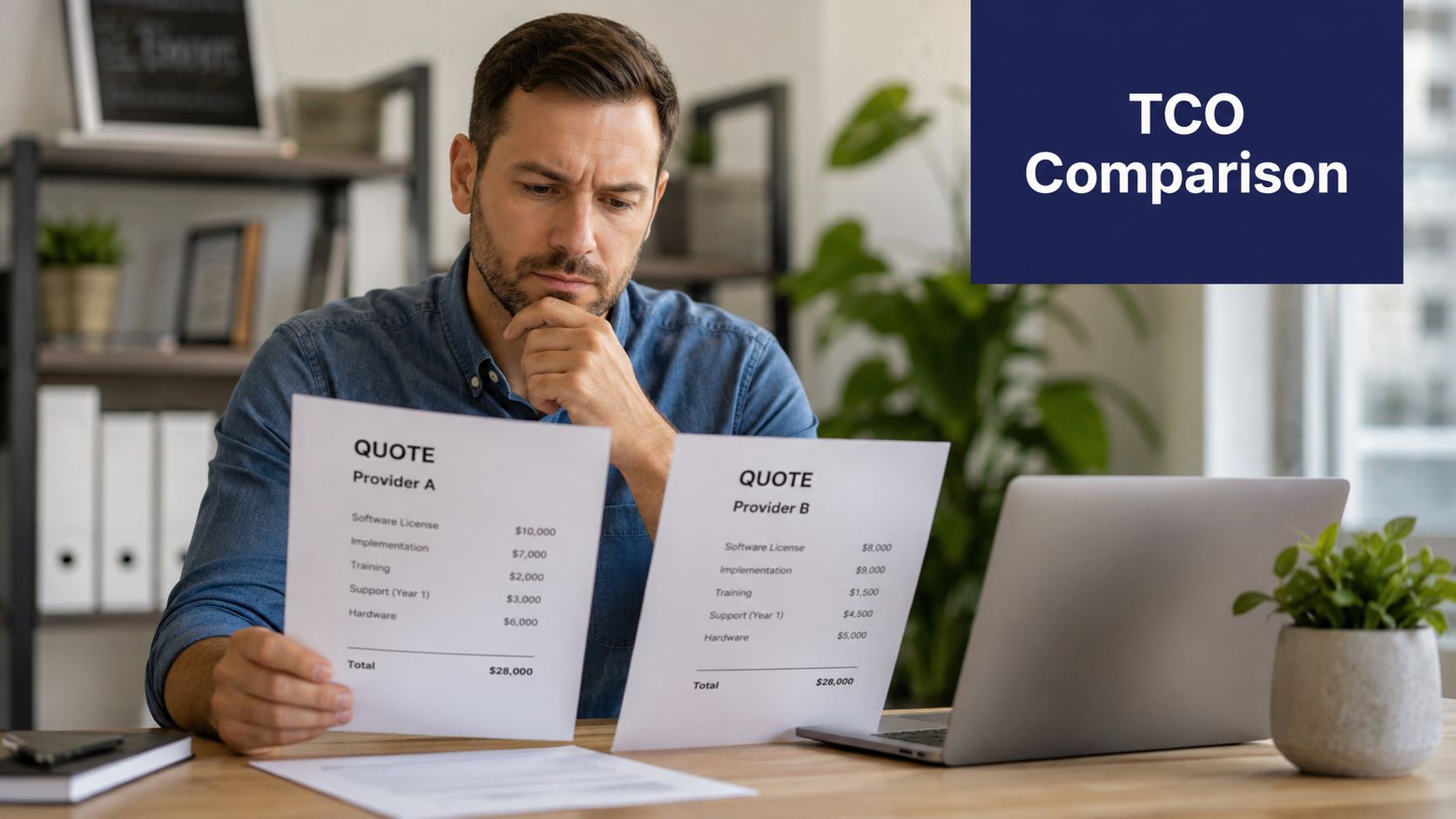 A professional man compares two business quotes on paper while evaluating total cost of ownership at desk.