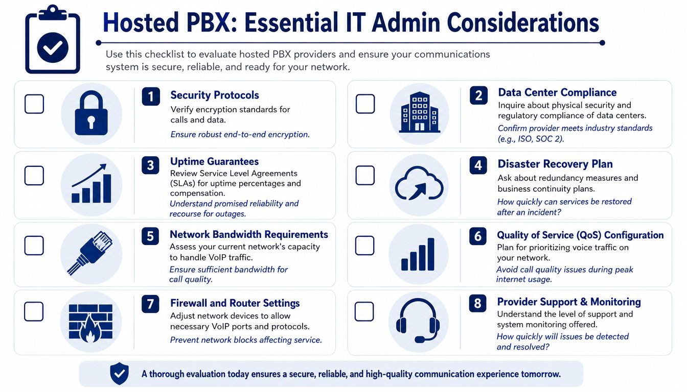 A checklist for IT administrators outlining essential considerations when evaluating hosted PBX communication system providers.
