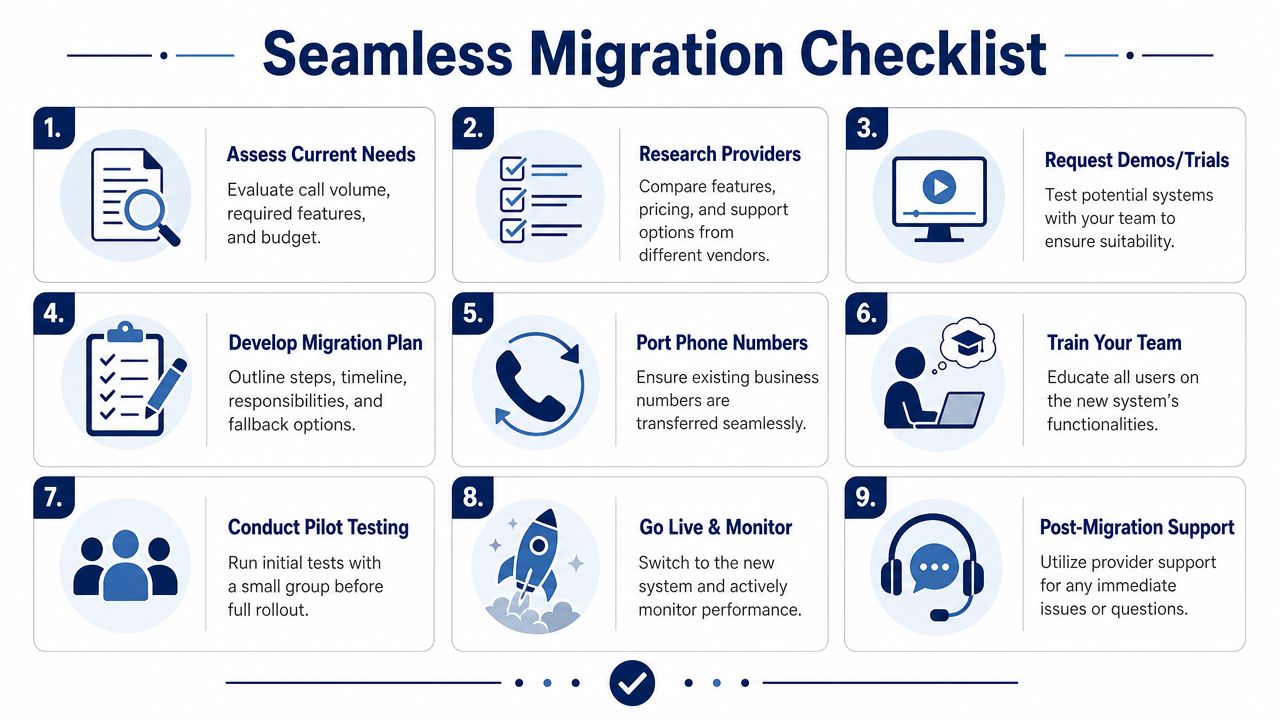 A nine-step infographic titled Seamless Migration Checklist illustrating the process of transitioning to new business communication systems.