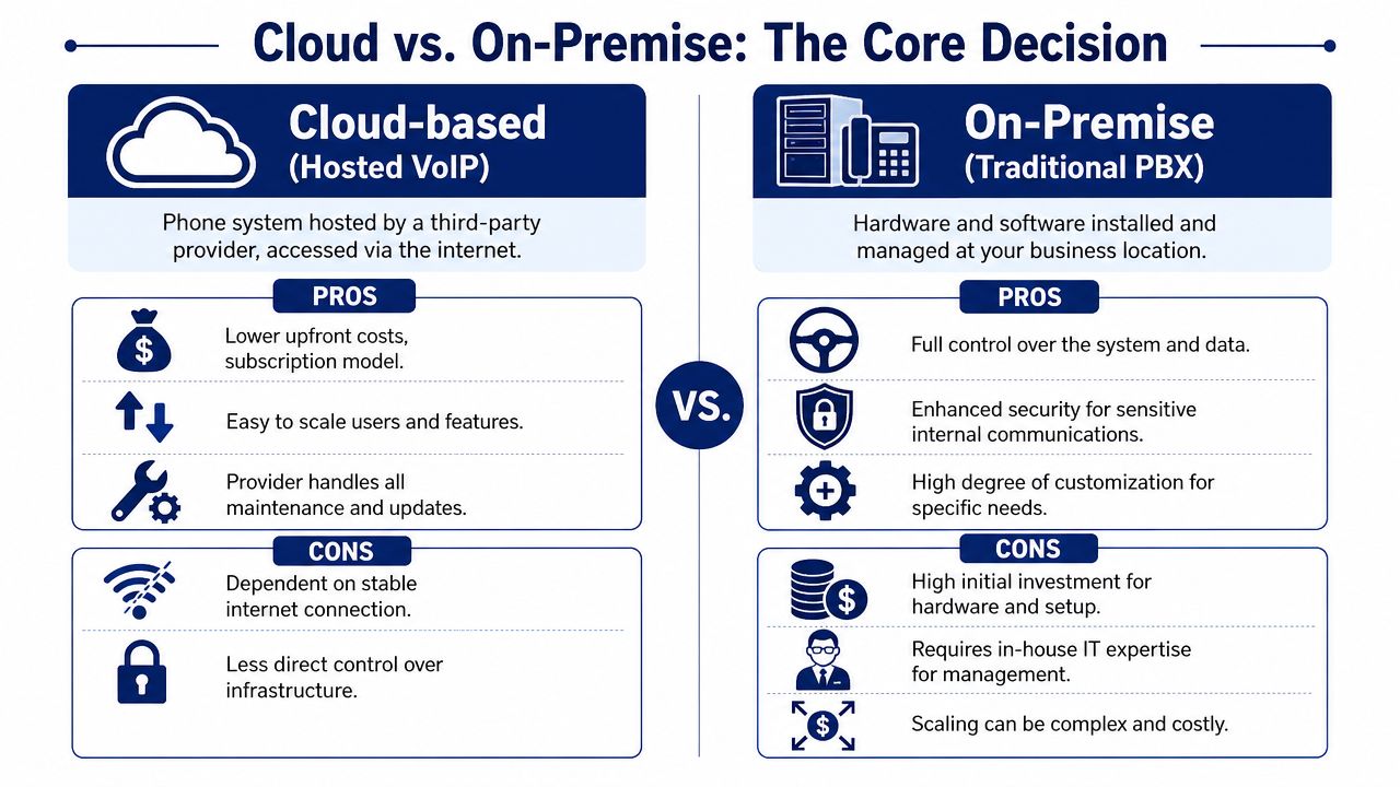 A comparison chart outlining the pros and cons of cloud-based hosted VoIP versus on-premise PBX phone systems.