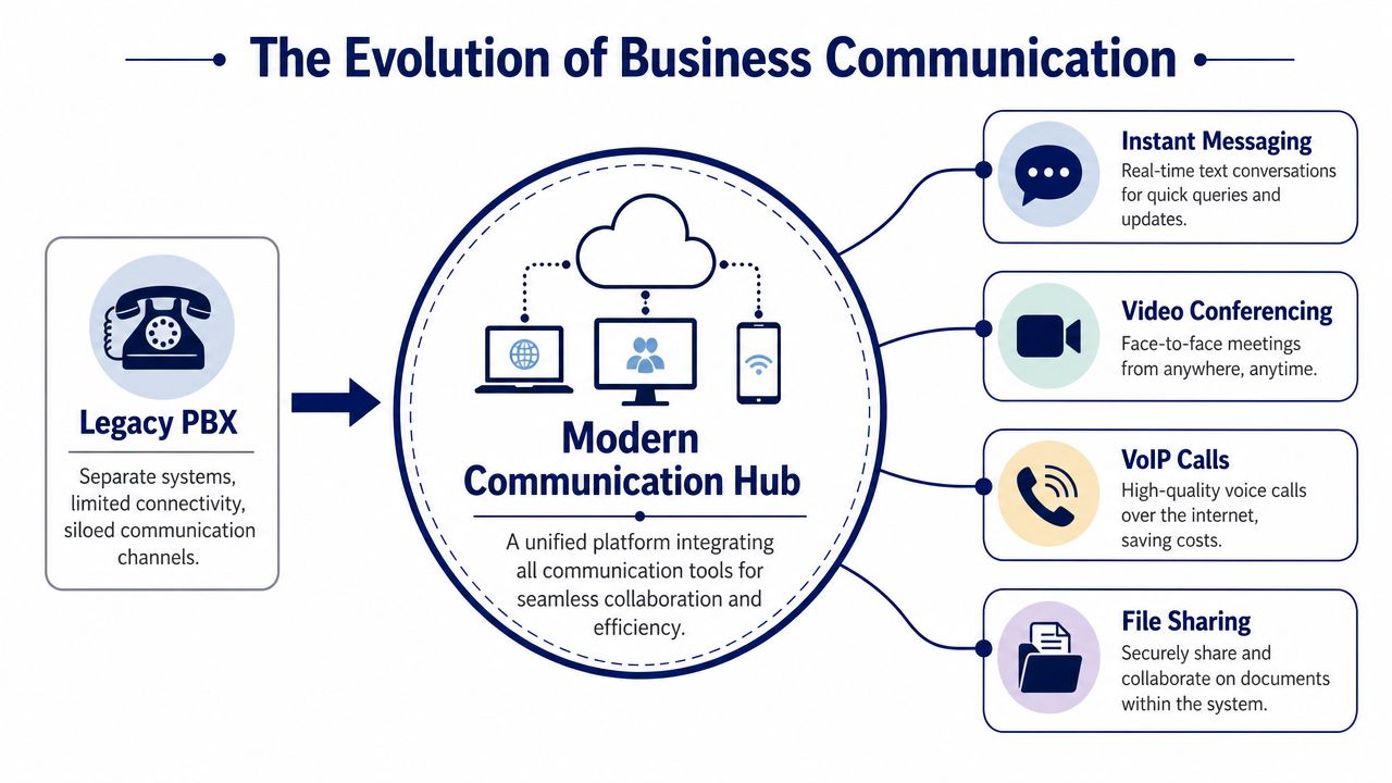 A diagram illustrating the evolution from legacy PBX systems to a unified modern communication hub.