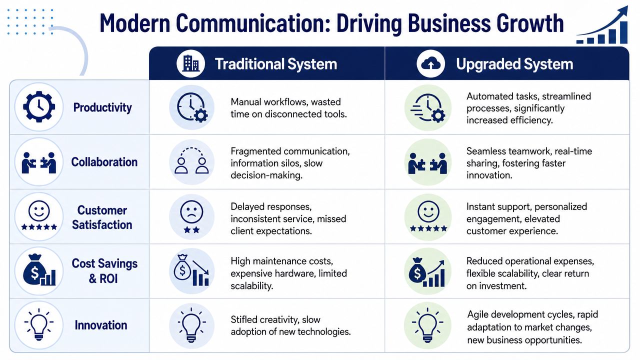 A comparison chart showing how modern communication systems improve business productivity, collaboration, customer satisfaction, ROI, and innovation.