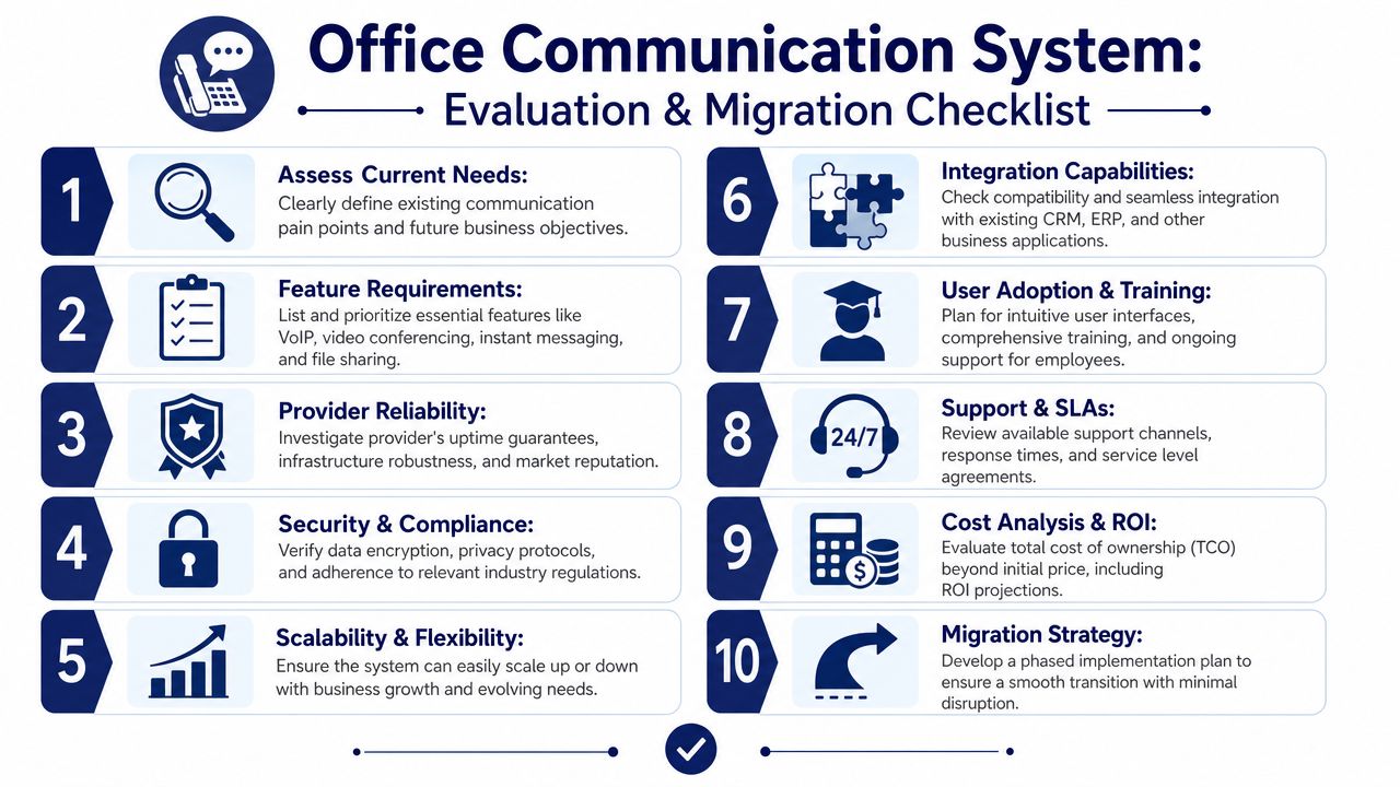 A ten-step checklist for evaluating and migrating an office communication system for business efficiency and growth.