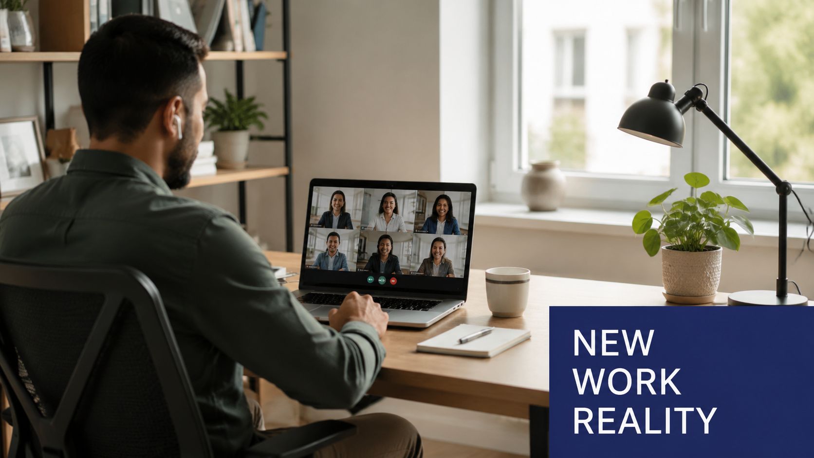 A man in a home office participating in a virtual video conference meeting on his laptop.