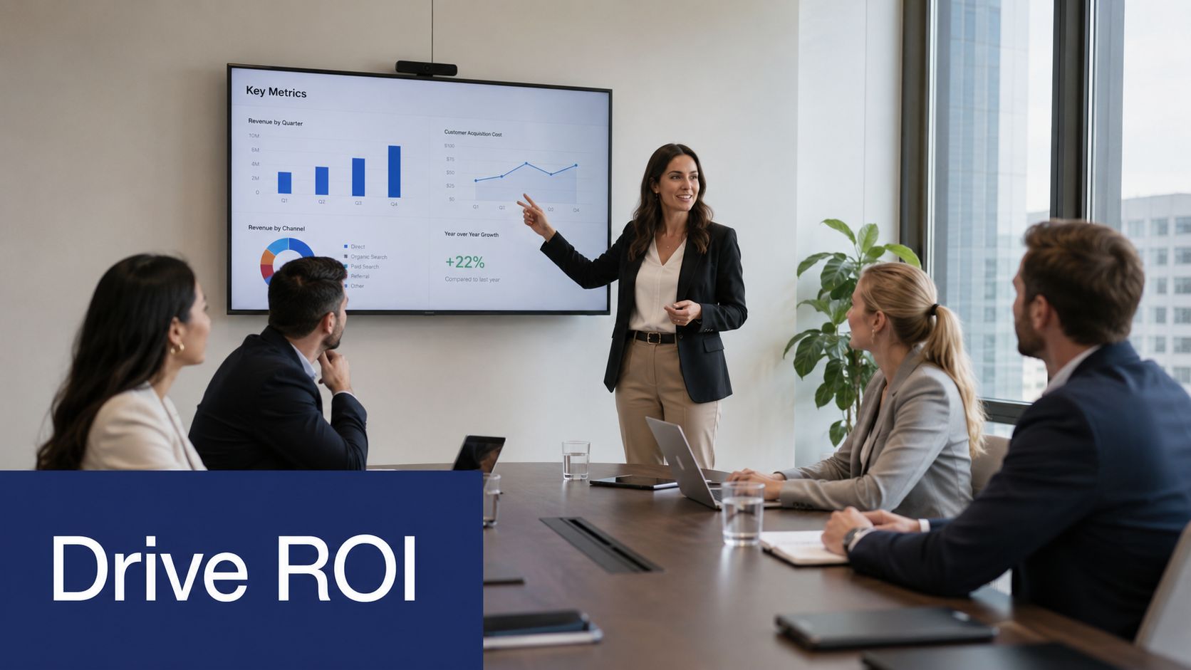 A professional woman presenting data and key metrics to a diverse team in a corporate boardroom meeting.