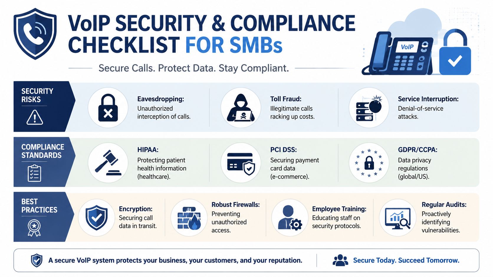 An infographic titled VoIP Security and Compliance Checklist for SMBs outlining risks, standards, and best practices.