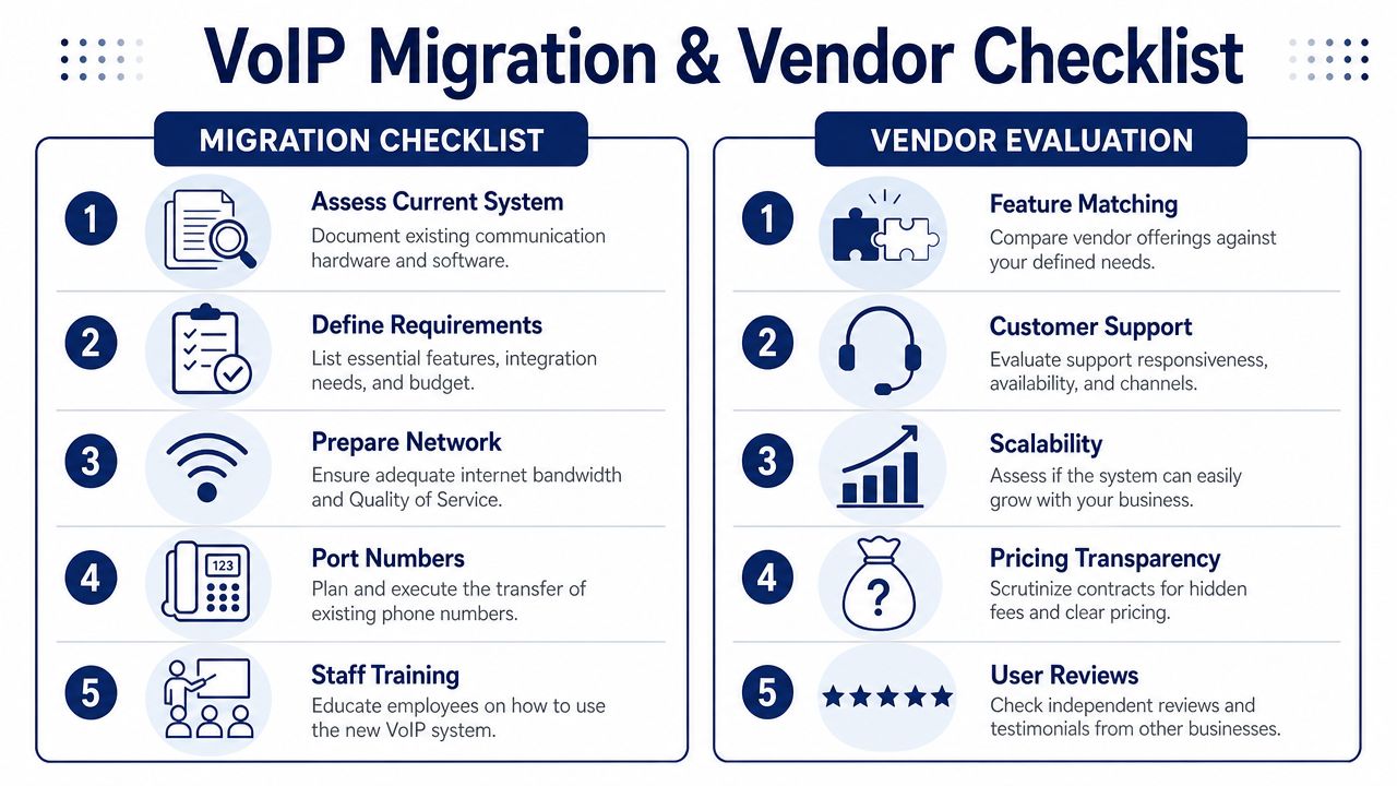 A comprehensive checklist for migrating to a VoIP system and evaluating potential telecommunications service vendors.