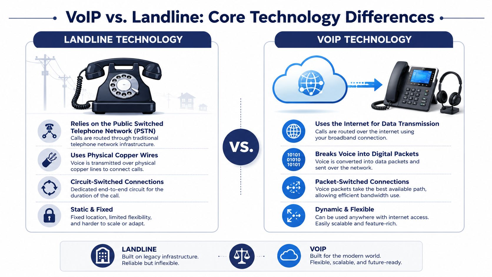 A comparison infographic showing the core technology differences between traditional landline telephone systems and modern VoIP internet-based calling.