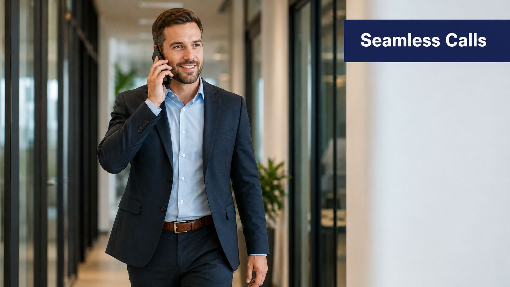 A professional man in a business suit walking through an office while talking on his mobile phone.