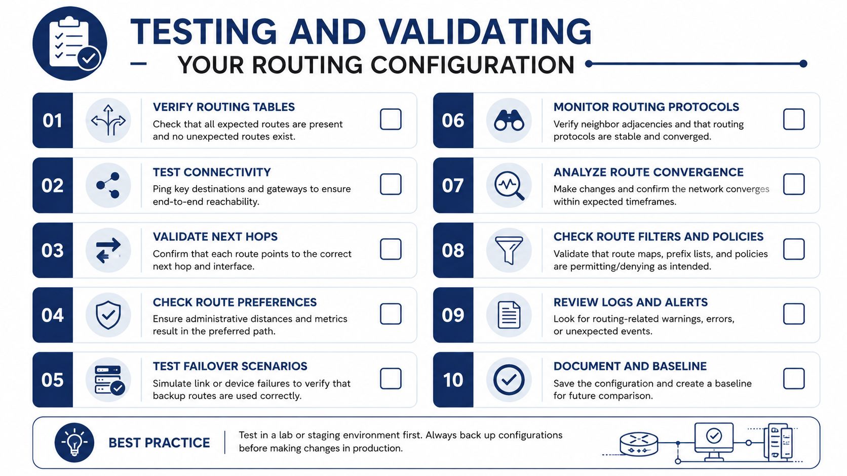 A checklist infographic titled Testing and Validating Your Routing Configuration for managing network infrastructure and protocols.