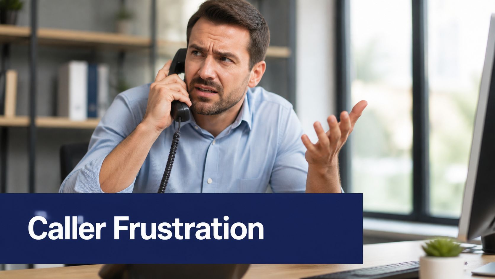 A professional man sitting at a desk looking frustrated while talking on a landline office phone.