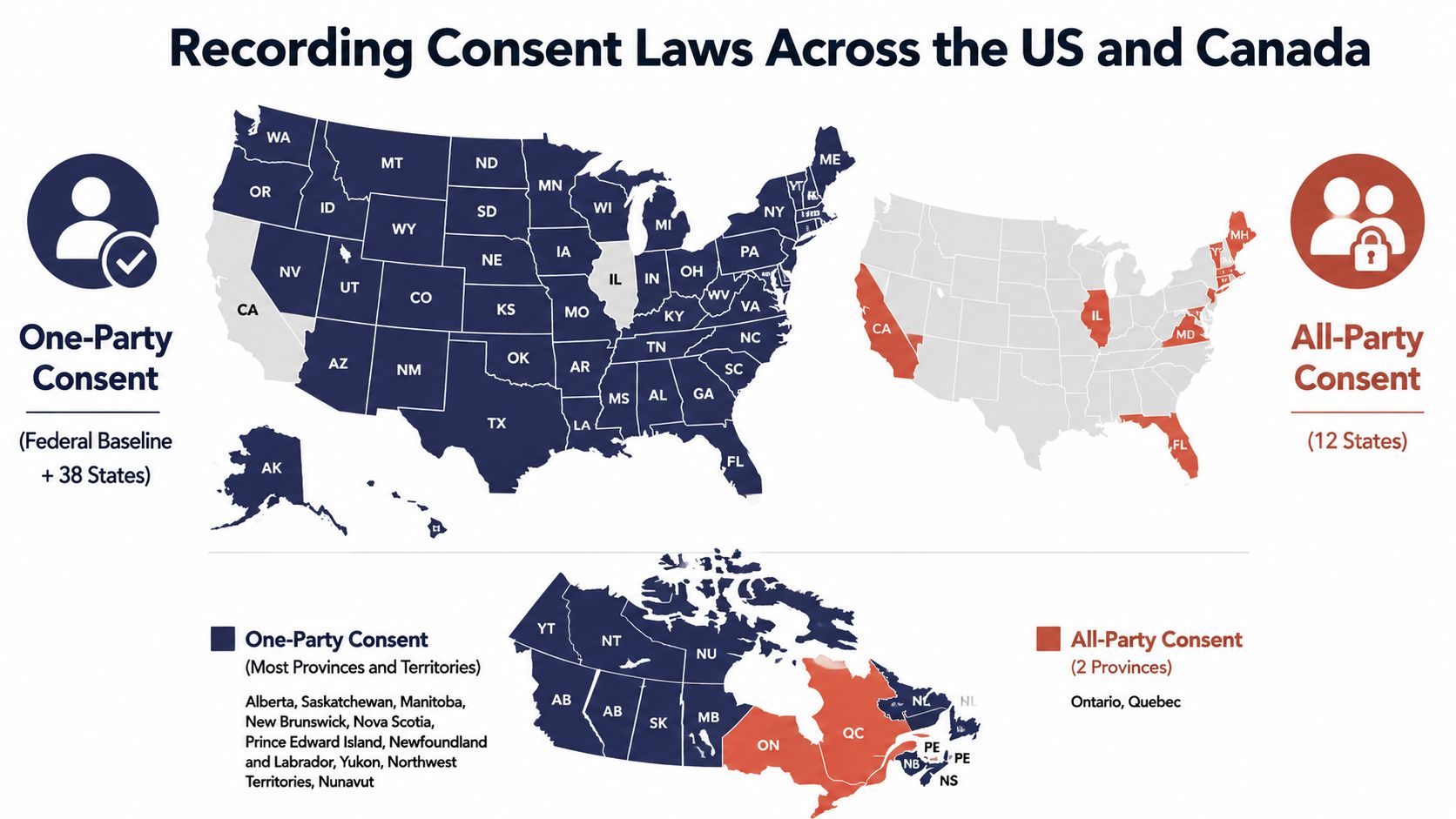 A map showing US and Canada recording consent laws, highlighting one-party and all-party consent jurisdictions.