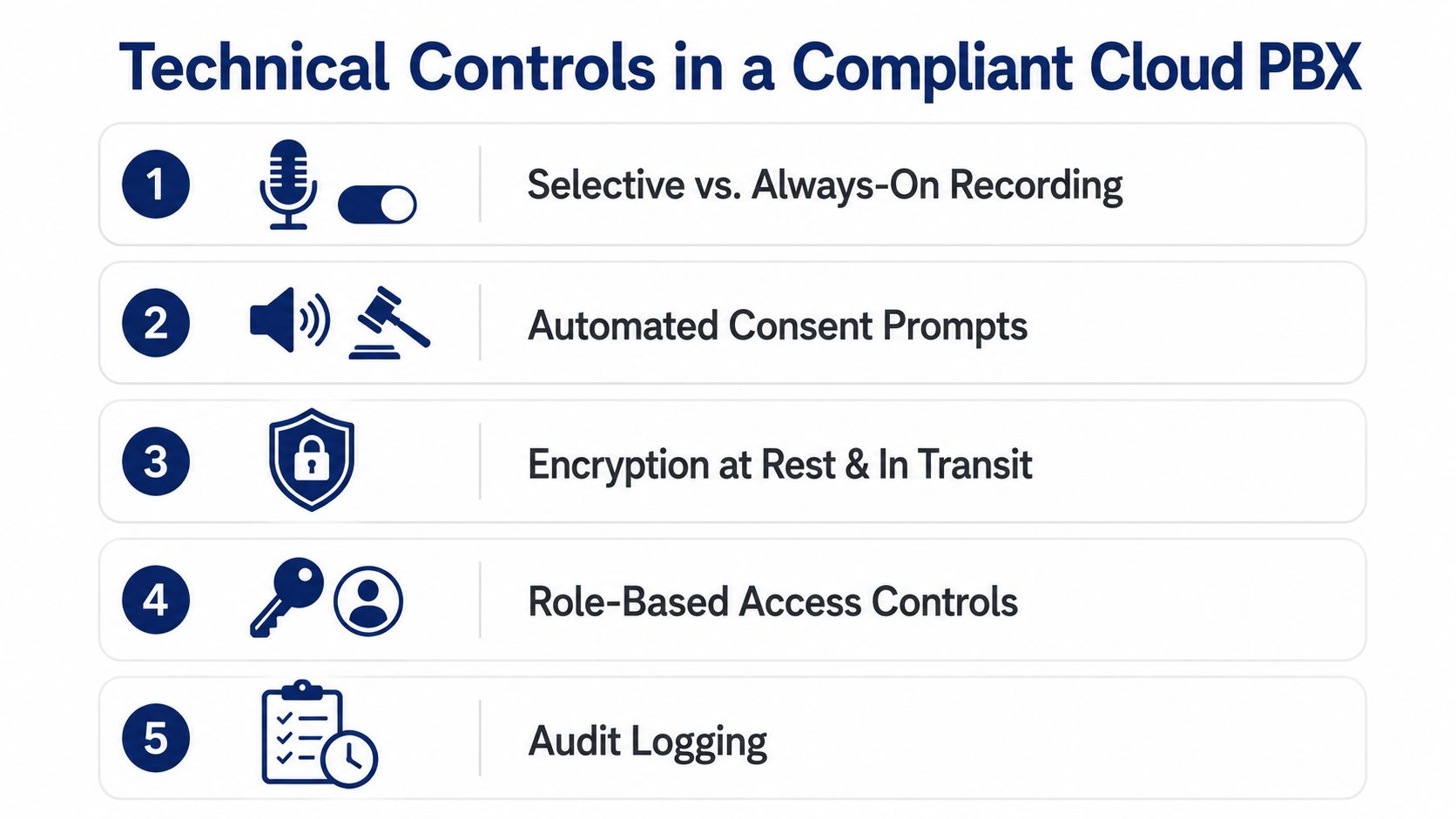 A diagram illustrating five essential technical controls for maintaining a compliant cloud PBX phone system.
