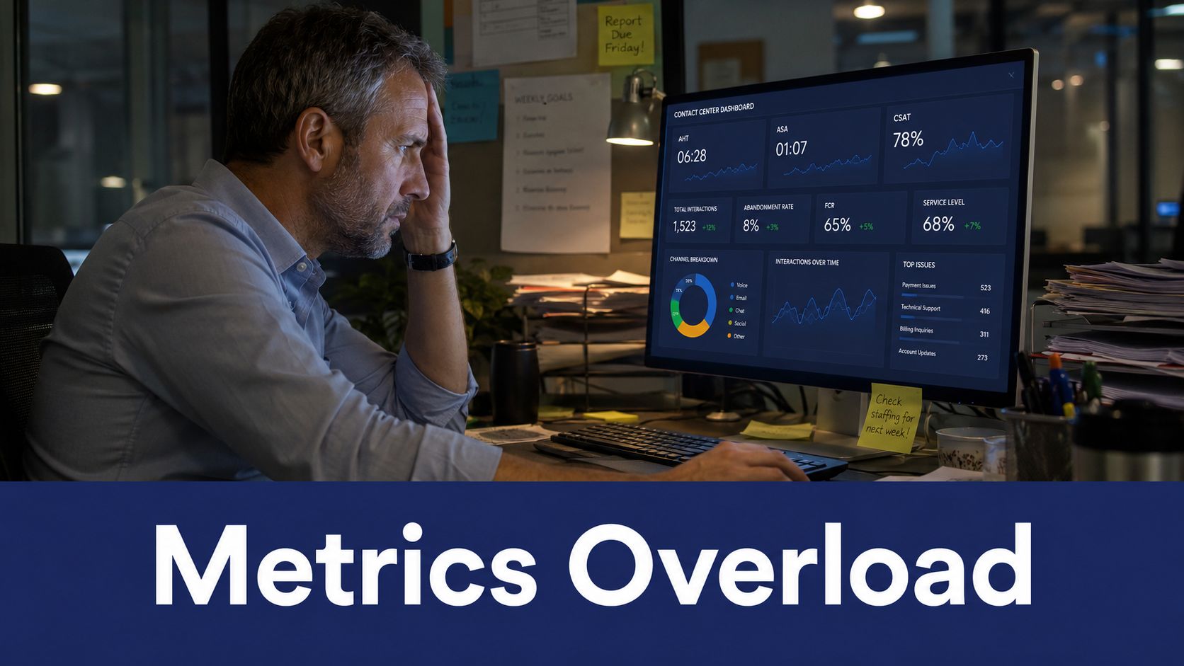 A stressed man looking at a complex digital dashboard displaying various contact center performance metrics on a screen.