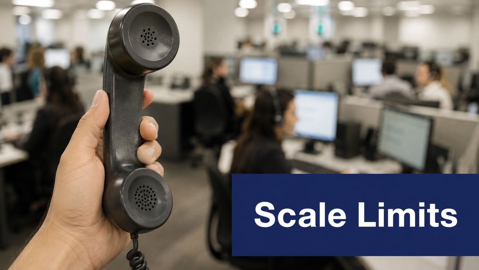A hand holds a telephone receiver in a modern, busy office call center environment.